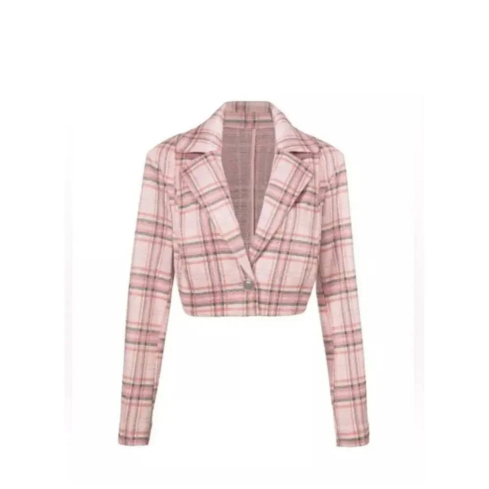 Cabi Playdate Plaid Pink Cropped Blazer Jacket Size Small #6257 Soft Stretch - Picture 2 of 8